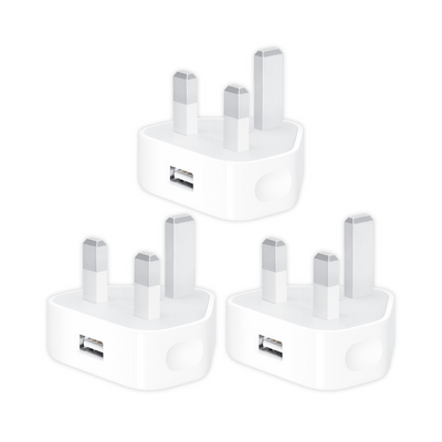 A pack of three white USB plugs with 3 pin mains.