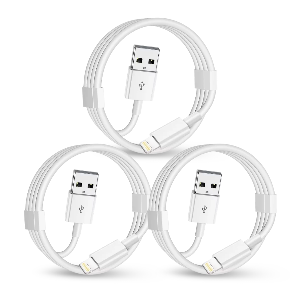 Pack of 3 white USB to Lightning cables for charging and data transfer, compatible with various Apple devices.