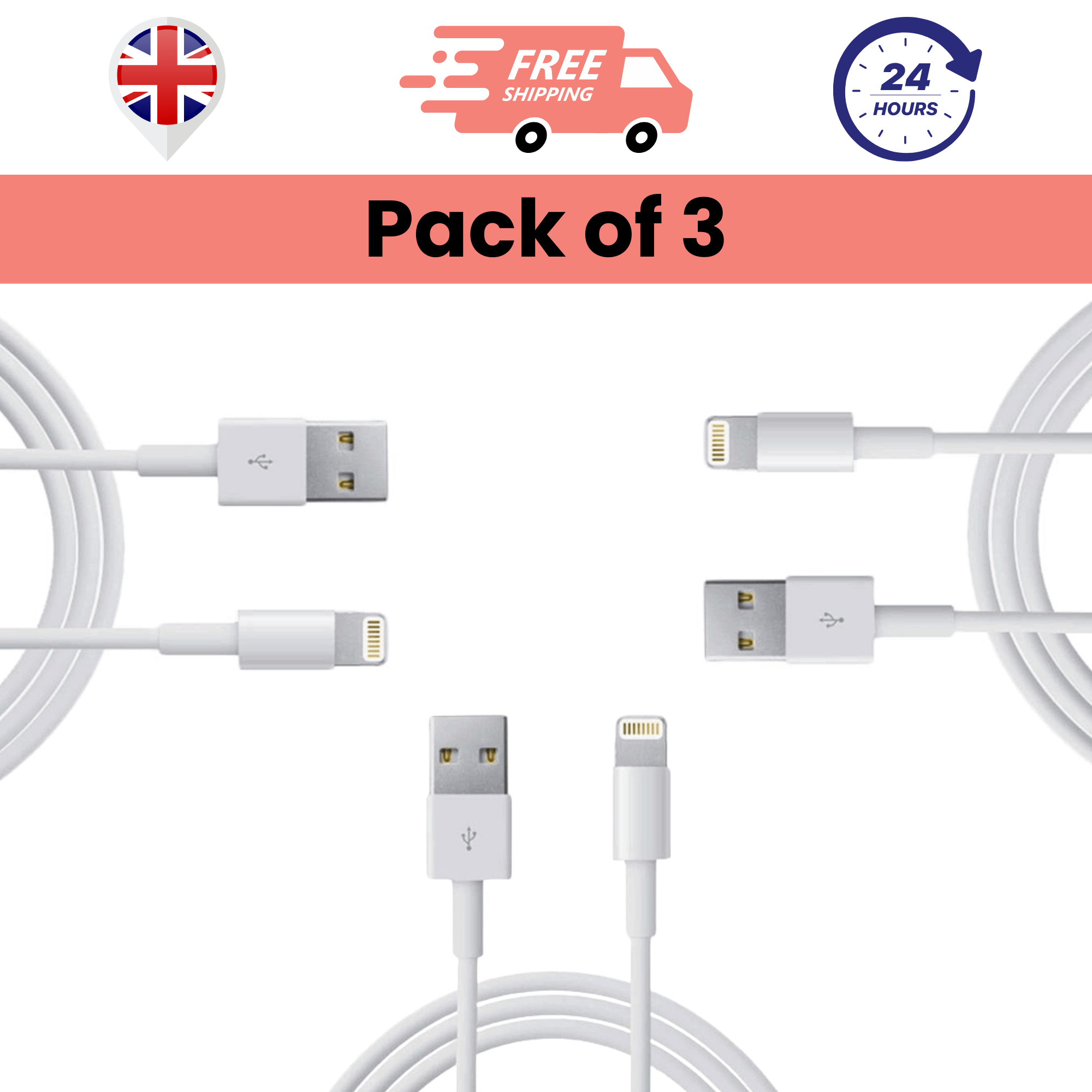 Pack of 3 white USB to Lightning cables for charging and data transfer, compatible with various Apple devices.