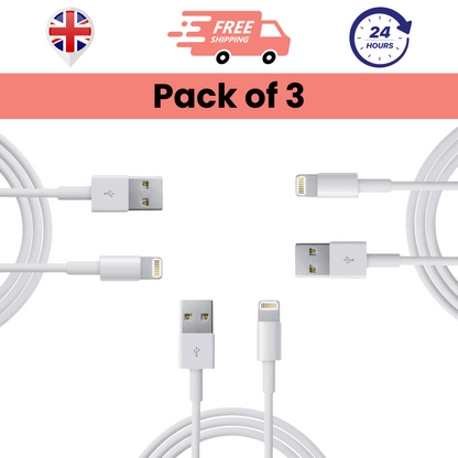 Pack of 3 white USB to Lightning cables for charging and data transfer, compatible with various Apple devices.