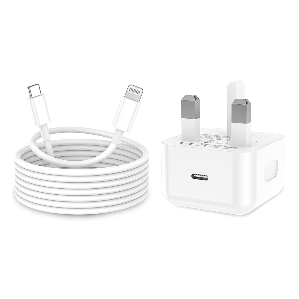 A white USB-C plug and a USB-C to Lightning cable, both with silver connectors, against a white background. The image also includes icons indicating free shipping and a 24-hour service.