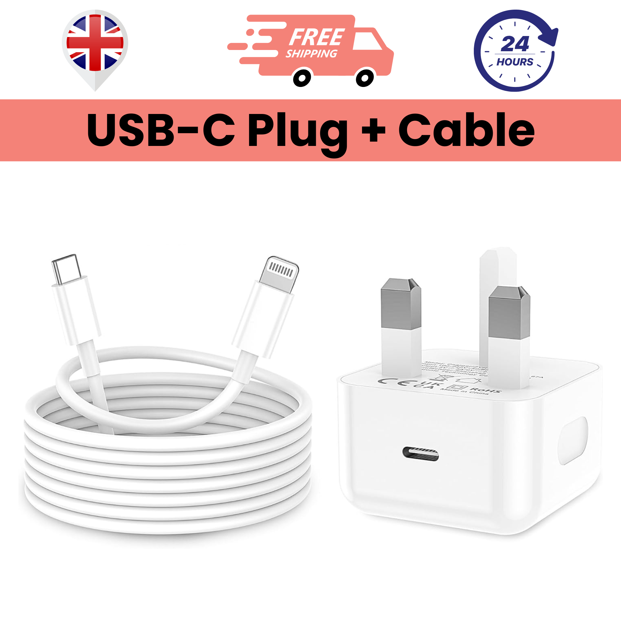 A white USB-C plug and a USB-C to Lightning cable, both with silver connectors, against a white background. The image also includes icons indicating free shipping and a 24-hour service.