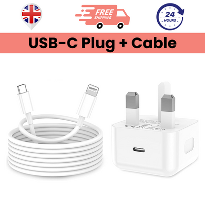 A white USB-C plug and a USB-C to Lightning cable, both with silver connectors, against a white background. The image also includes icons indicating free shipping and a 24-hour service.