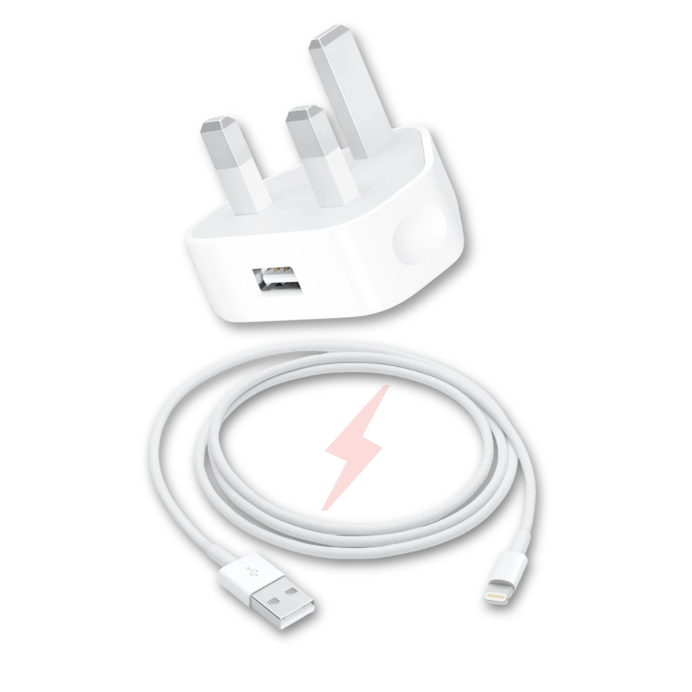 A white USB plug charger with a three-prong design and a white USB to Lightning cable.