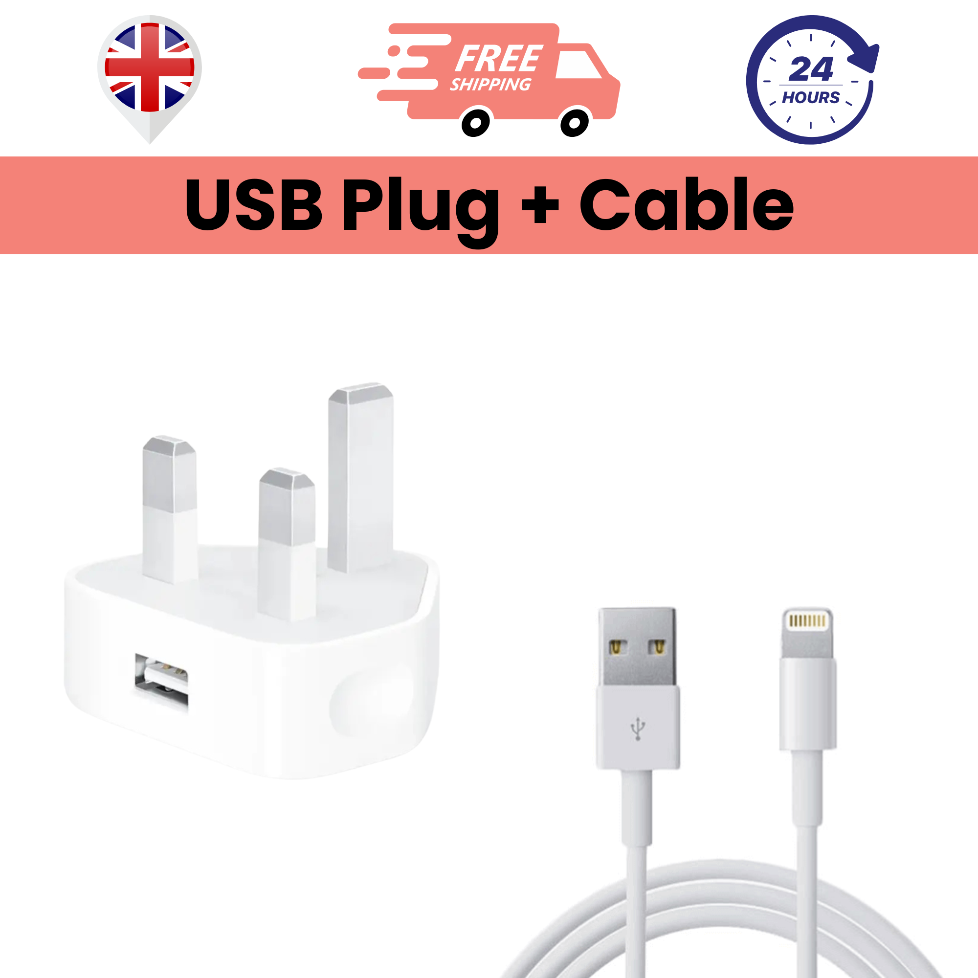 A white USB plug charger with a three-prong design and a white USB to Lightning cable.