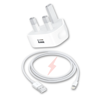 A white USB plug charger with a three-prong design and a white USB to Lightning cable.
