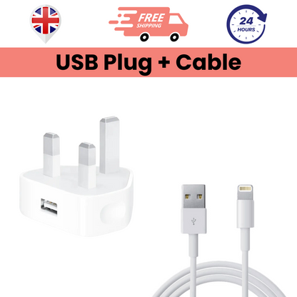 A white USB plug charger with a three-prong design and a white USB to Lightning cable.