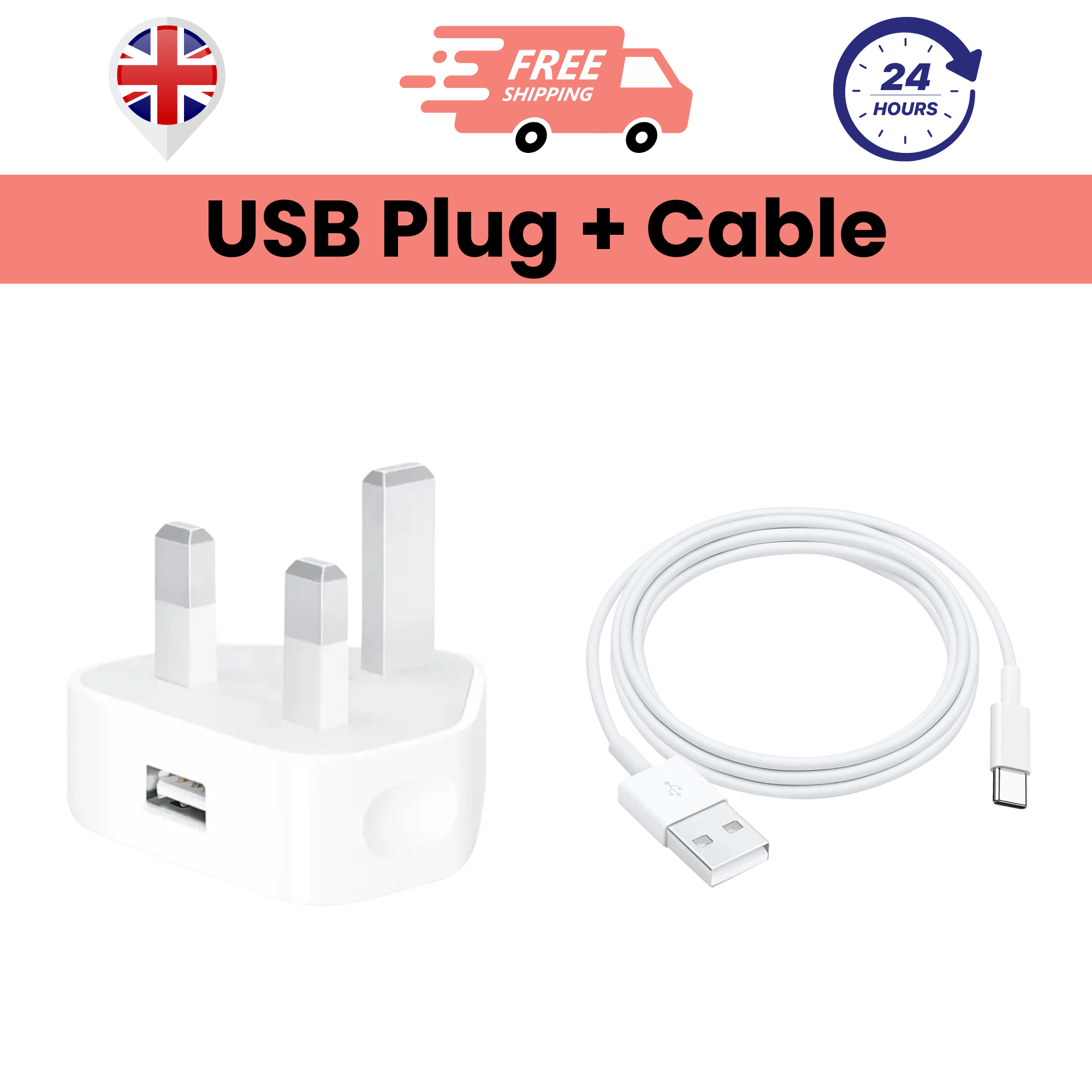 A white USB plug charger with a universal connector alongside a white USB to Type-C cable.