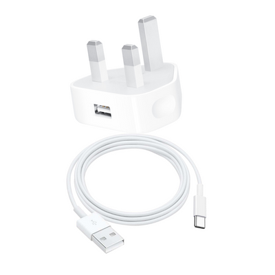 A white USB plug charger with a universal connector alongside a white USB to Type-C cable.