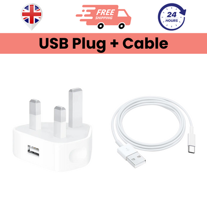 A white USB plug charger with a universal connector alongside a white USB to Type-C cable.
