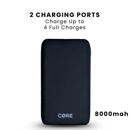 A CORE 8000 mAh power bank in black color, with 2 charging ports to charge 4 full times.