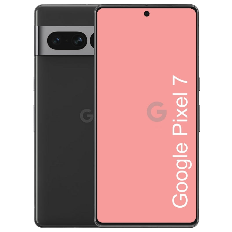A Refurbished Google Pixel 7 phone showing back and front on a white background.