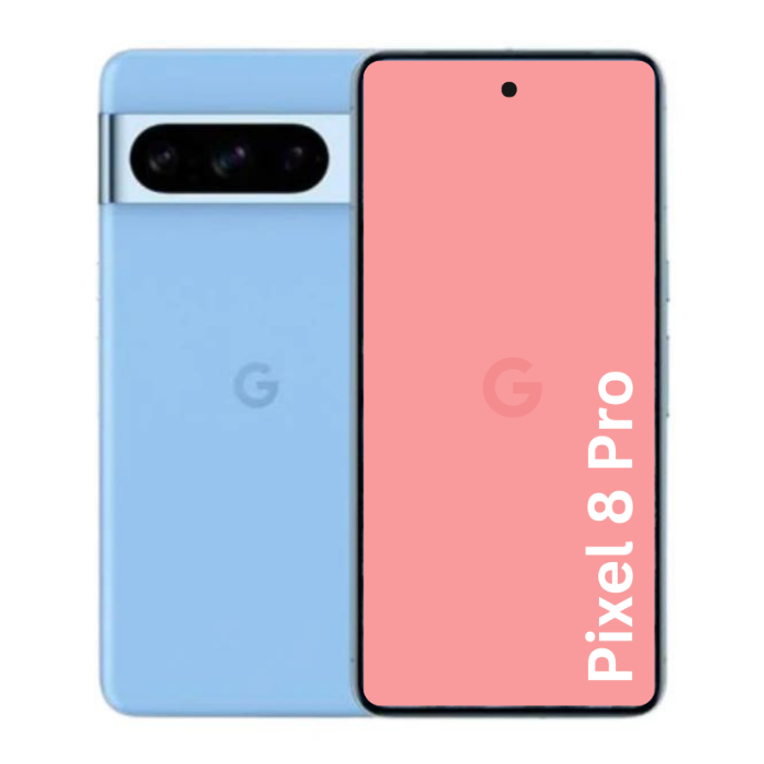 A Google Pixel 8 Pro Refurbished Phone in Blue color, displayed on a white background. 