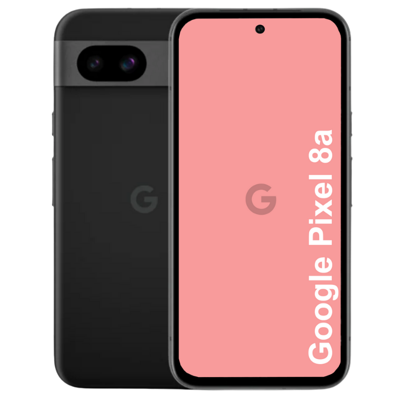 A Refurbished Google Pixel 8A phone with black back on a white background.