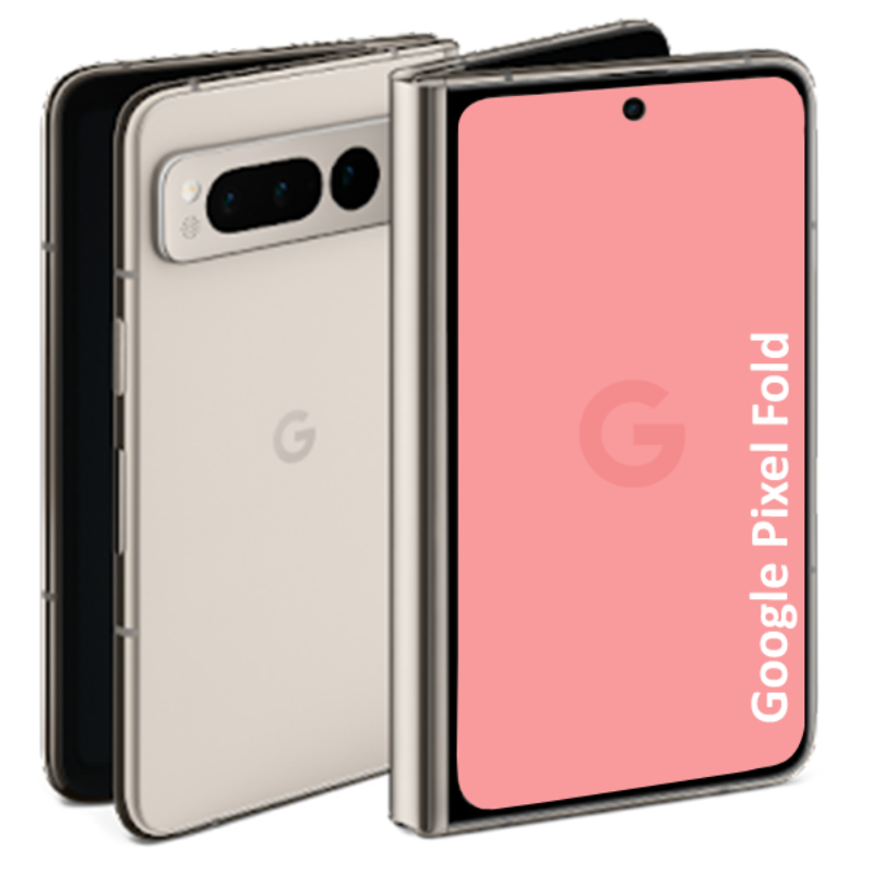 A Refurbished Google Pixel Fold smartphone showing front and back views on a white background.