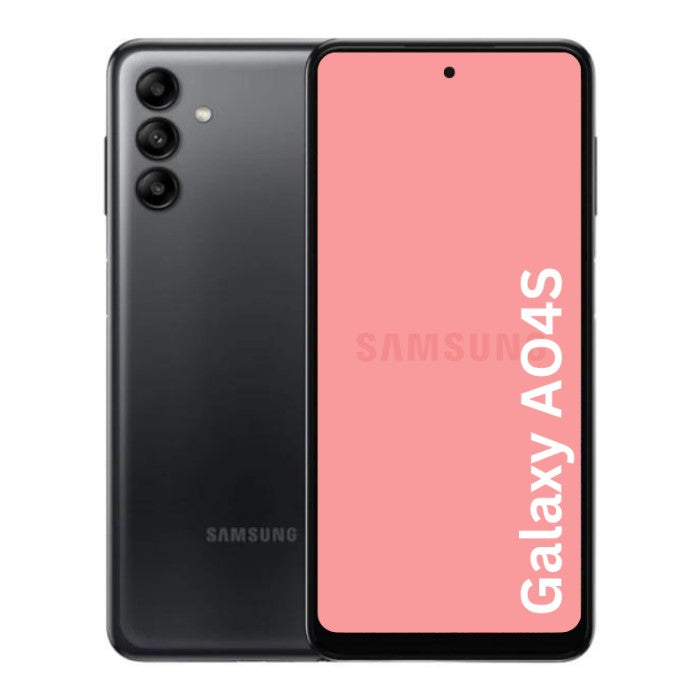 A Samsung Galaxy A04s smartphone in black color, displaying a colorful wallpaper on its screen and the back of the phone showing the camera setup.