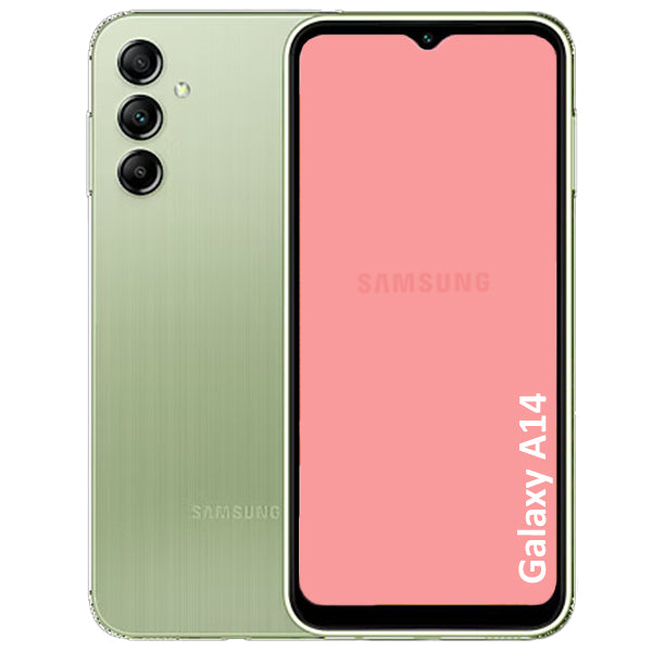 A Refurbished Samsung Galaxy A14 smartphone in green back displayed on a white background.
