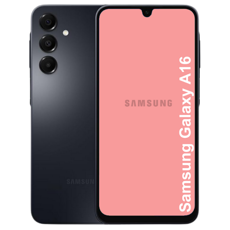 A Refurbished Samsung Galaxy A16 phone in black color displayed over a white background.