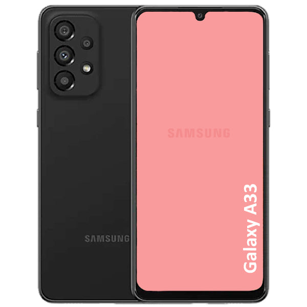 A refurbished Samsung Galaxy A33 5G smartphone in black color with a pink front, showcasing the display and camera module.