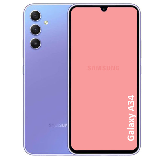 Samsung Galaxy A34 smartphone showing front and back on a white background