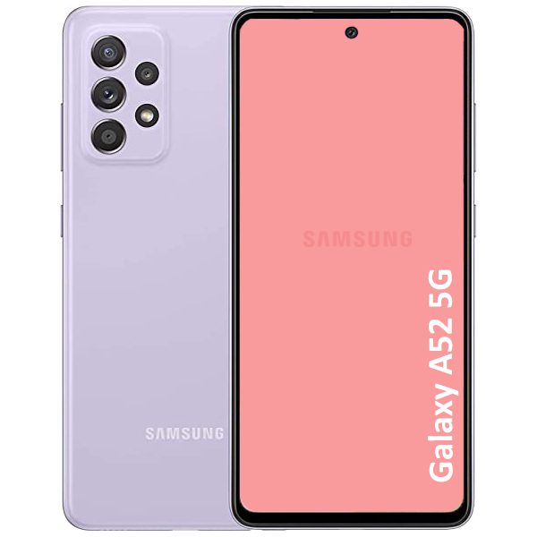 A purple Samsung Galaxy A52 5G smartphone shown from the front and back, displaying the screen and camera module.