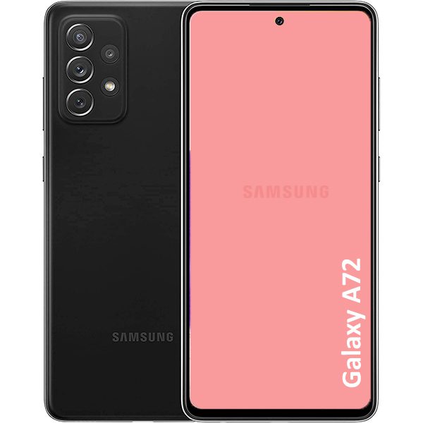 A refurbished Samsung Galaxy A72 smartphone in black color with a pink front, displaying the phone's screen and camera module.