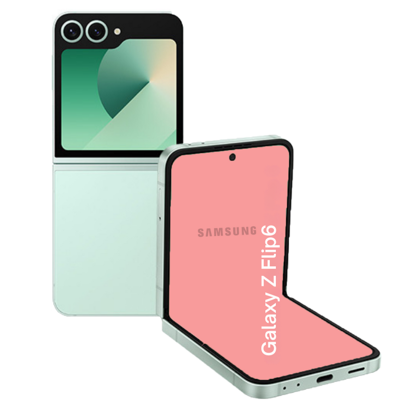 A Refurbished Samsung Galaxy Z Flip6 phone displayed over a white background.