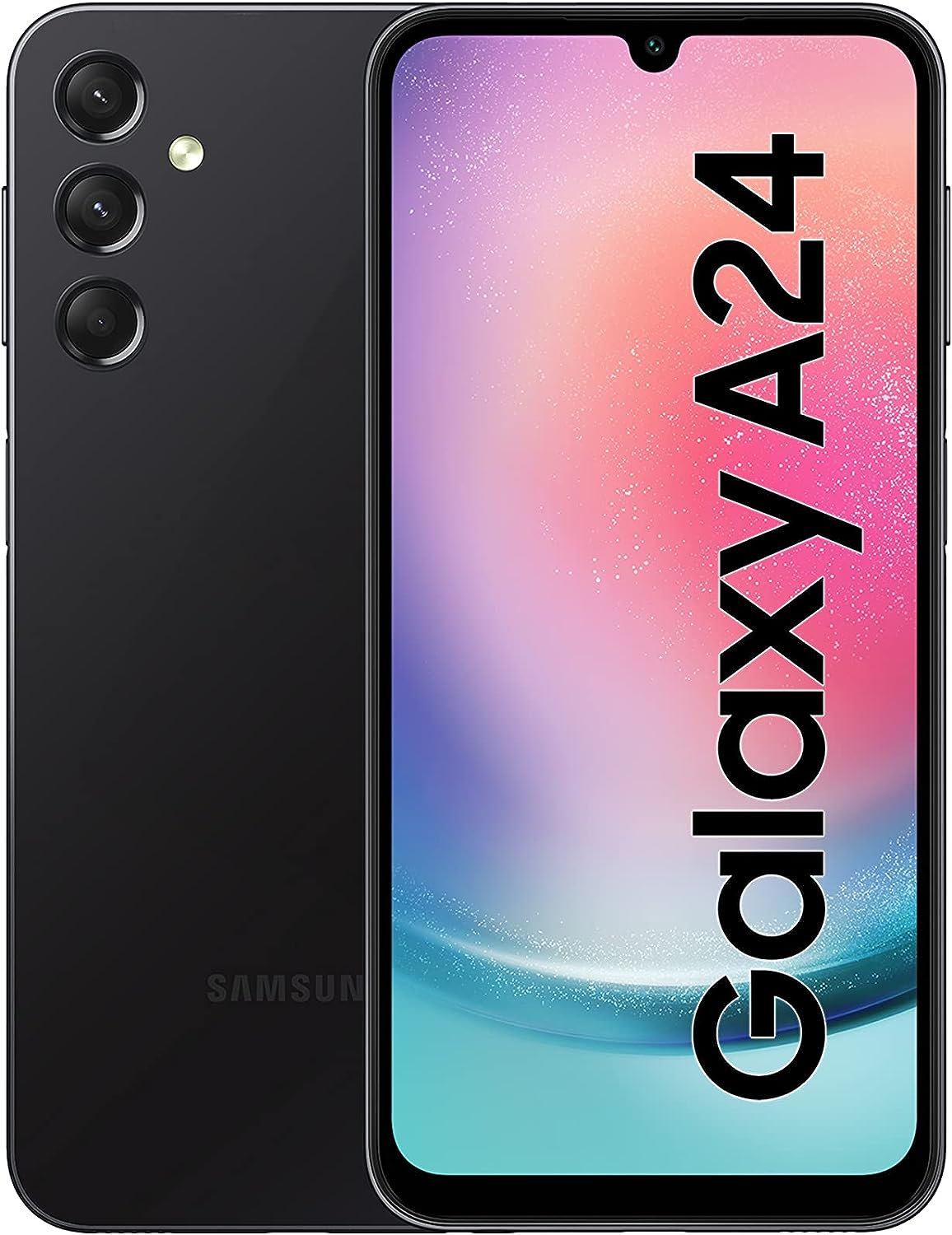 Samsung Galaxy A24 smartphone in black color showing the front screen display and rear camera setup.