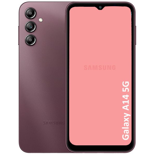 Samsung Galaxy A14 5G phone showing back and front views on a white background