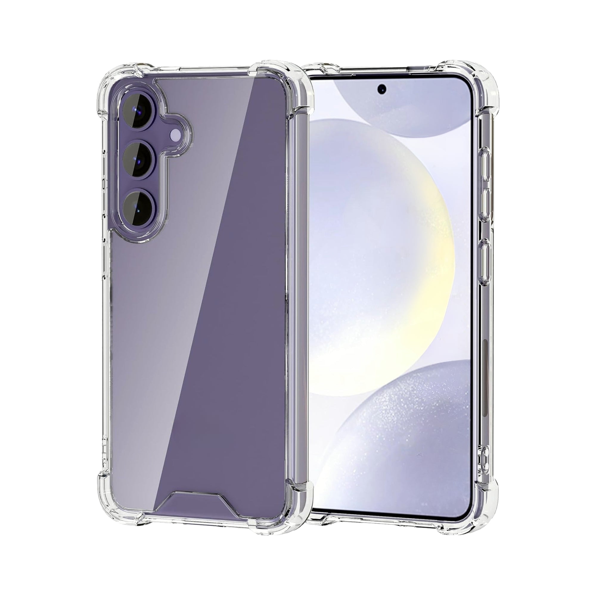 A clear protective phone case for the Galaxy series, showing the front and back, with raised bezels around the camera and screen.