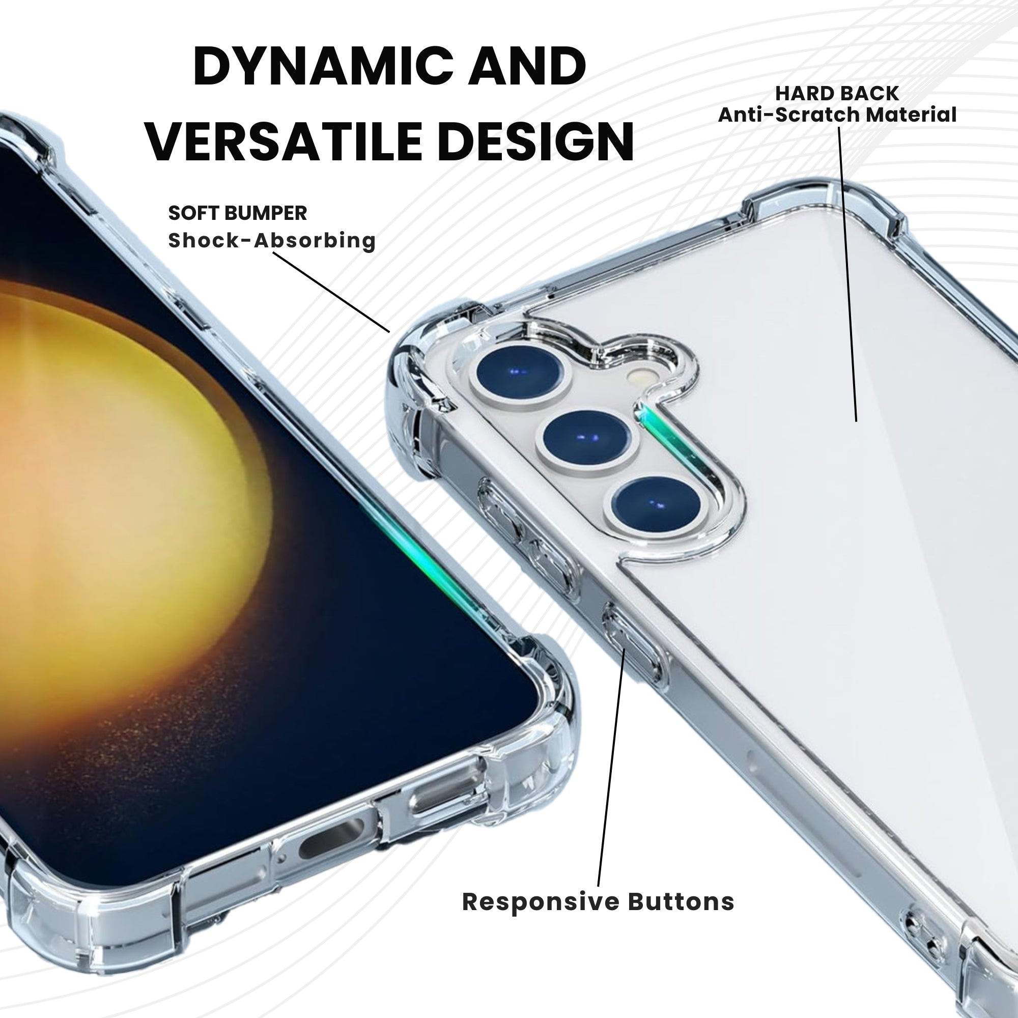 A clear protective phone case for the Galaxy series, showing the front and back, with raised bezels around the camera and screen.