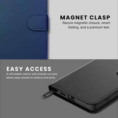 A blue and black PU leather wallet case for the Galaxy Series with a textured design, featuring magnet clasp and easy access to ports.