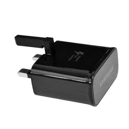 A Samsung genuine 2A plug with a USB port and a Samsung logo on the front.