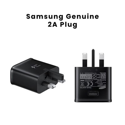 Two Samsung genuine 2A plugs with a USB port and a Samsung logo on the front.