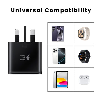 A Samsung genuine 2A plug with a USB port and universal compatibility.