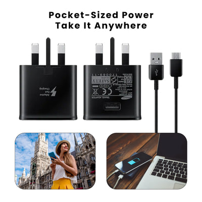 Two Samsung genuine 2A plugs with USB port, pocket-sized to take it anywhere.