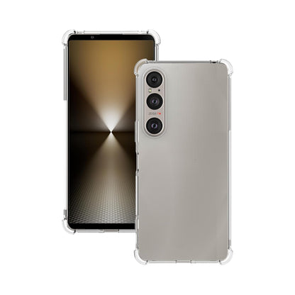 A clear anti-burst phone case with a hard bumper, showing the phone's camera and ports, with a slightly elevated bezel.