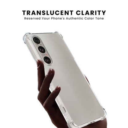 A clear anti-burst Sony phone case with a hard bumper, showing the phone's camera and ports, with a slightly elevated bezel.