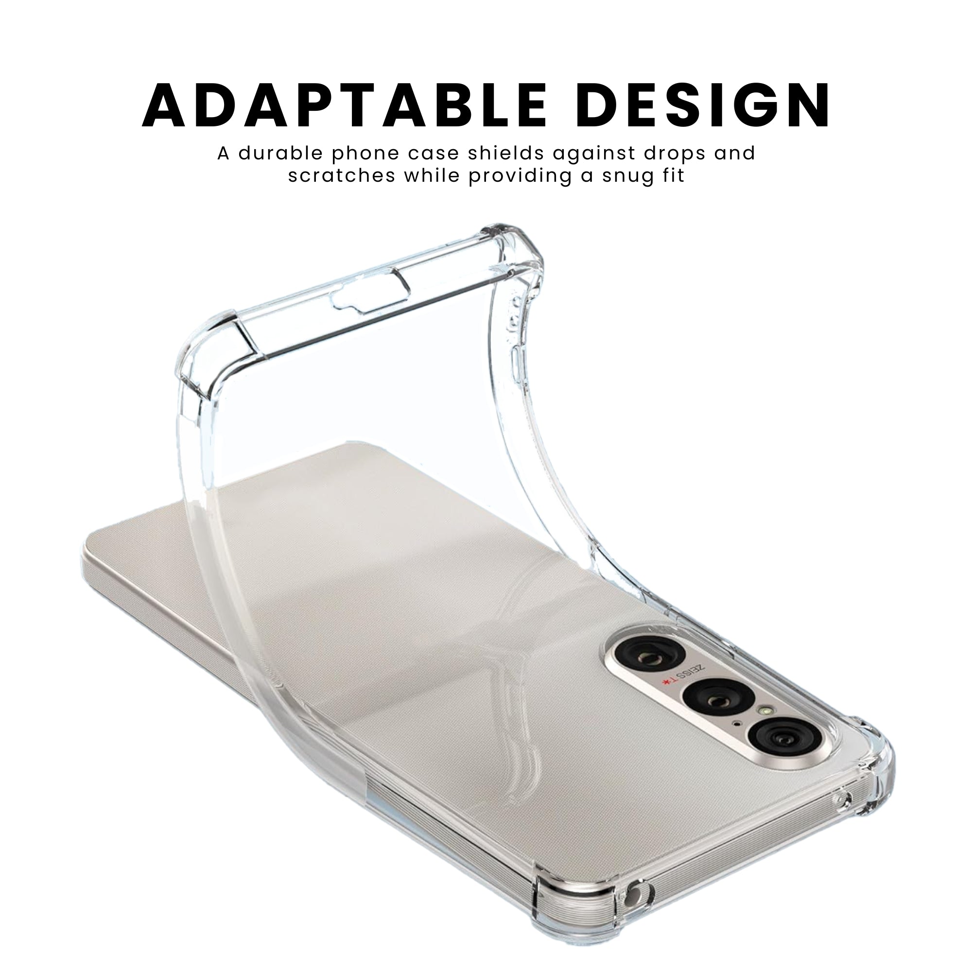A clear anti-burst Sony phone case with a hard bumper, showing the phone's camera and ports, with a slightly elevated bezel.