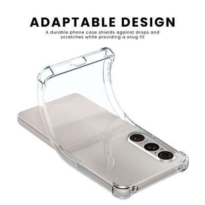 A clear anti-burst Sony phone case with a hard bumper, showing the phone's camera and ports, with a slightly elevated bezel.