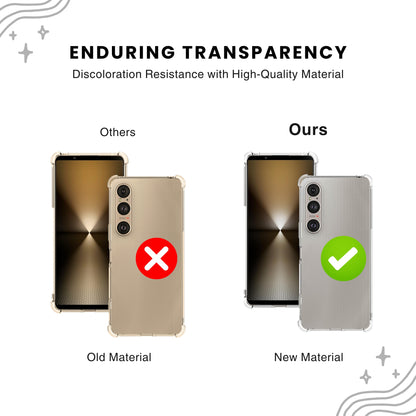 A clear anti-burst Sony phone case with a hard bumper, showing the phone's camera and ports, with a slightly elevated bezel.