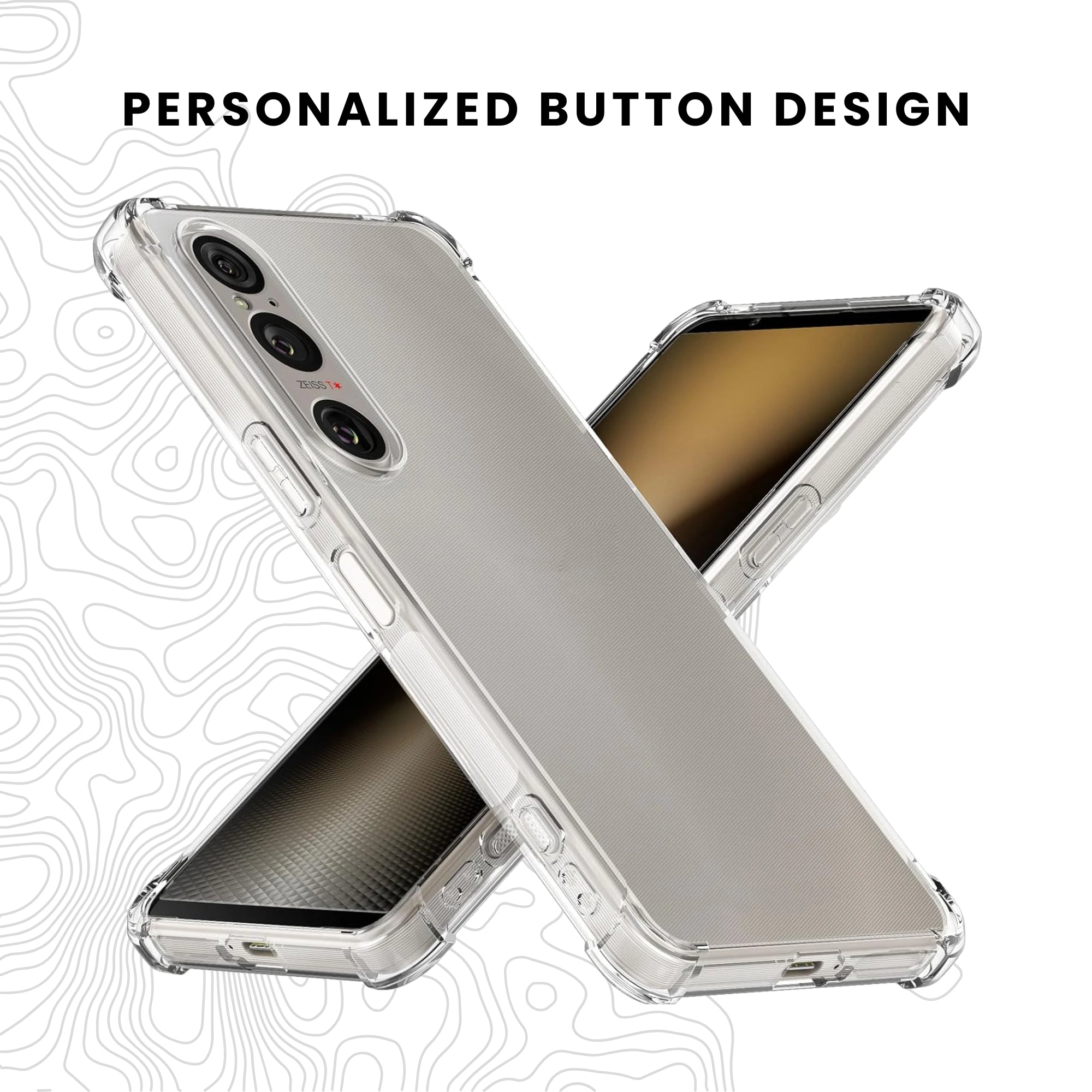 A clear anti-burst Sony phone case with a hard bumper, showing the phone's camera and ports, with a slightly elevated bezel.