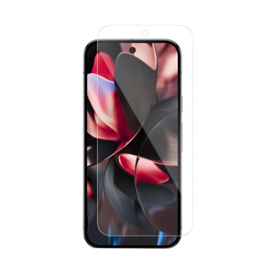 A clear tempered glass screen protector for Google Pixel smartphones, showing the screen with a colorful wallpaper.
