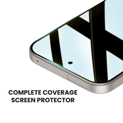 A clear tempered glass screen protector for all Google Pixel smartphone models, showing complete protection and fitting.