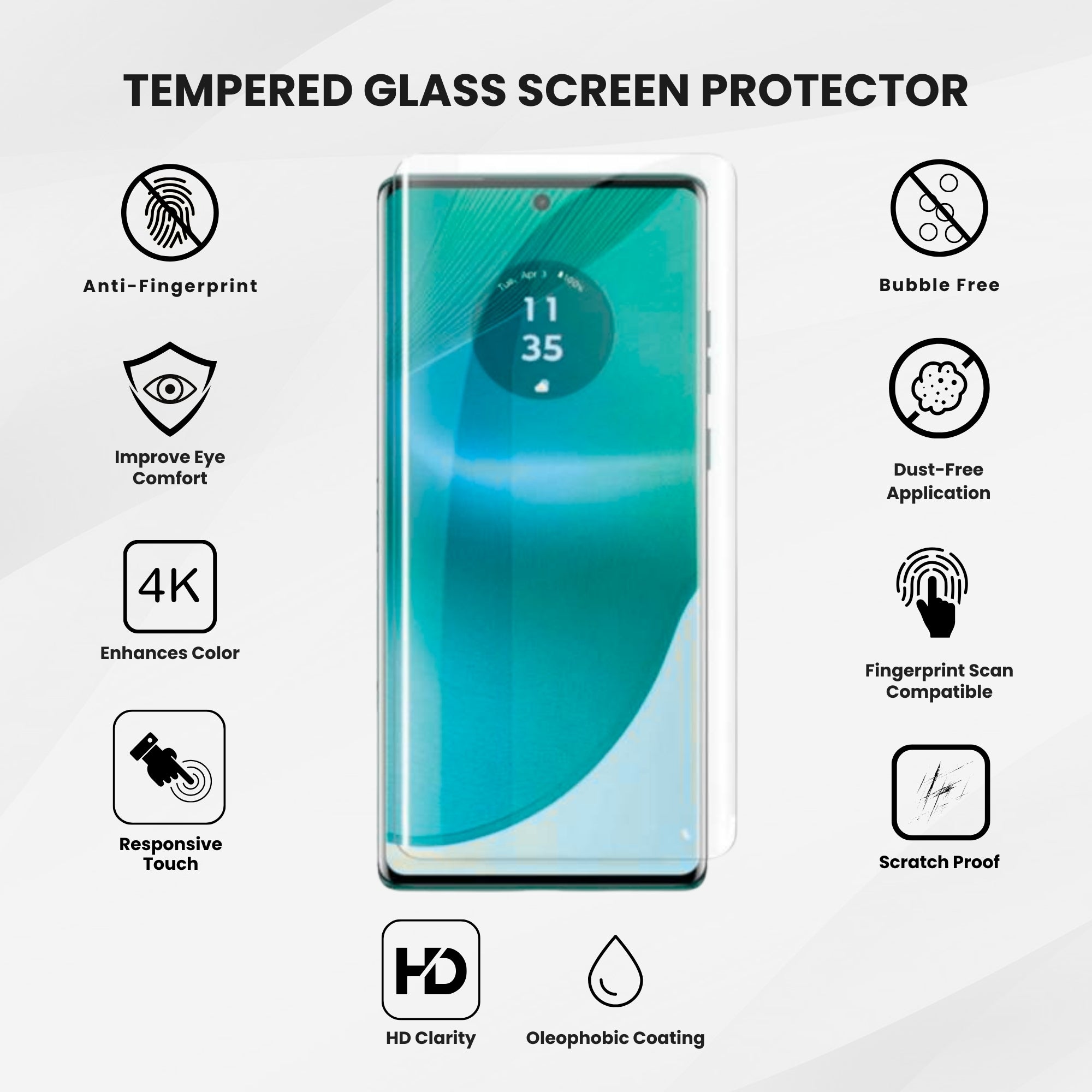 A clear tempered glass screen protector for all Motorola smartphones, showing the screen with clear visibility along with the features of the protector.