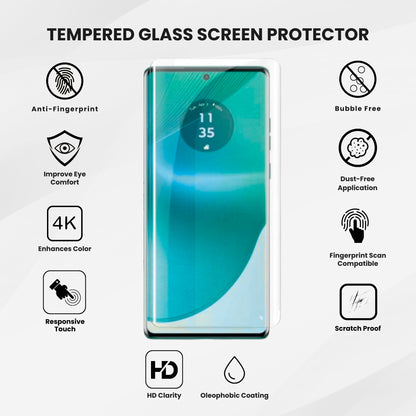 A clear tempered glass screen protector for all Motorola smartphones, showing the screen with clear visibility along with the features of the protector.
