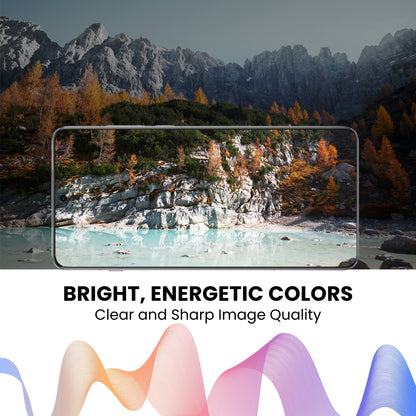 A clear tempered glass screen protector for all Motorola smartphones, showing the screen with clear visibility and energetic bright colors.