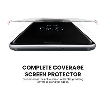 A clear tempered glass screen protector for all Motorola smartphones, showing the screens complete coverage from the protector.