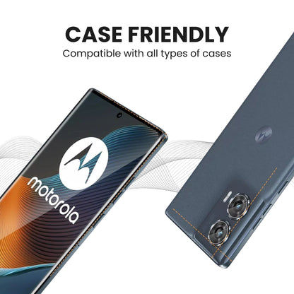 A clear tempered glass screen protector for all Motorola smartphones, showing that the protector is compatible with all cases.