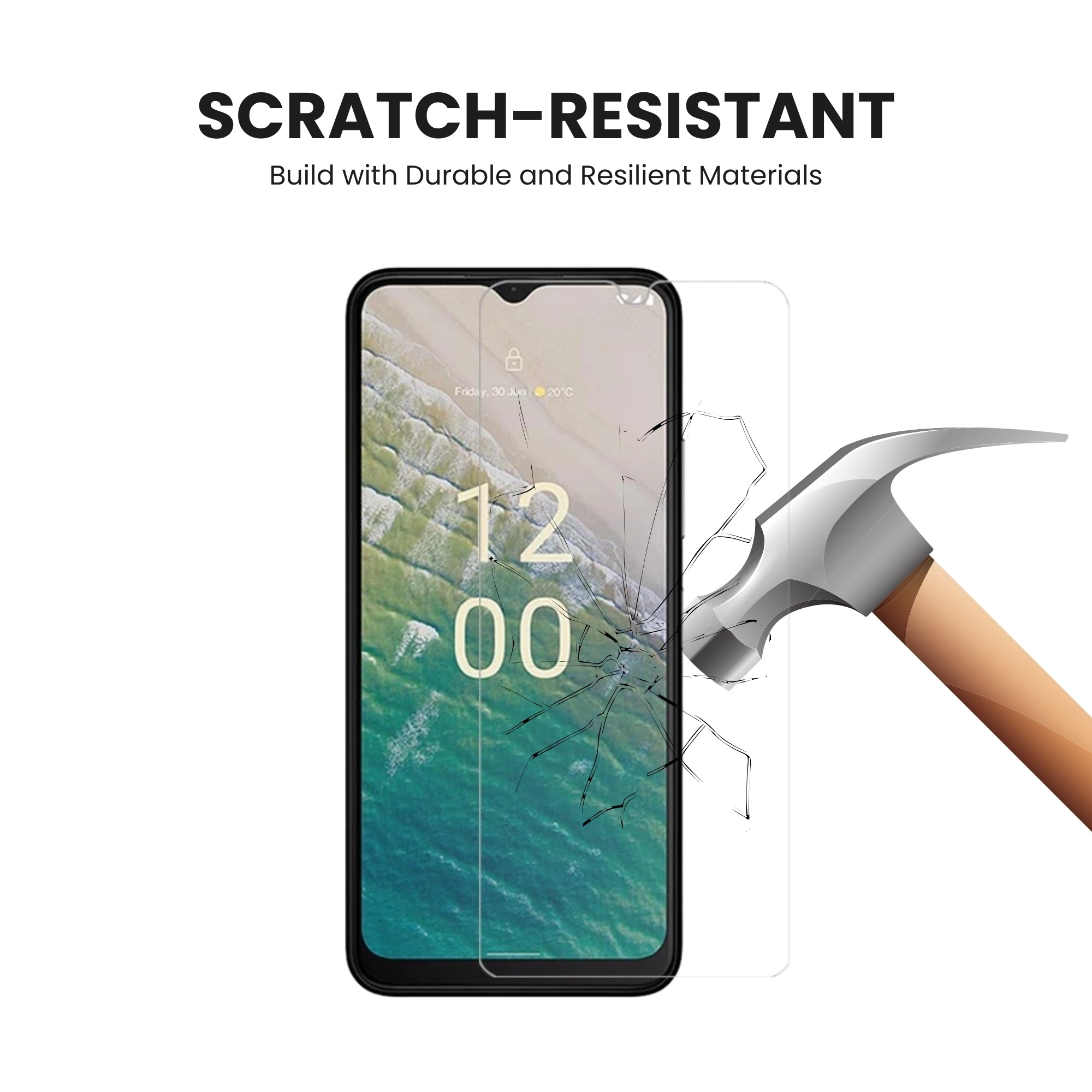 A clear tempered glass screen protector for all Nokia smartphone models, displaying scratch proof screen.